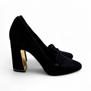 Karl Lagerfeld Black Suede Heels Women’s 7.5 Block Heel Gold Accent Pumps